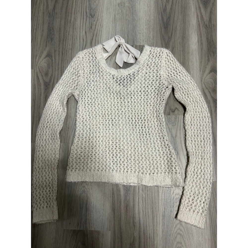 Boho cottage Vintage 90s dELiA*s Cream Crochet Knit Long Sleeve Sweater Bow Back